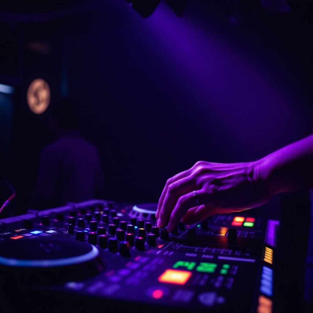 Mãos do DJ na mesa de mixagem sob luzes de palco