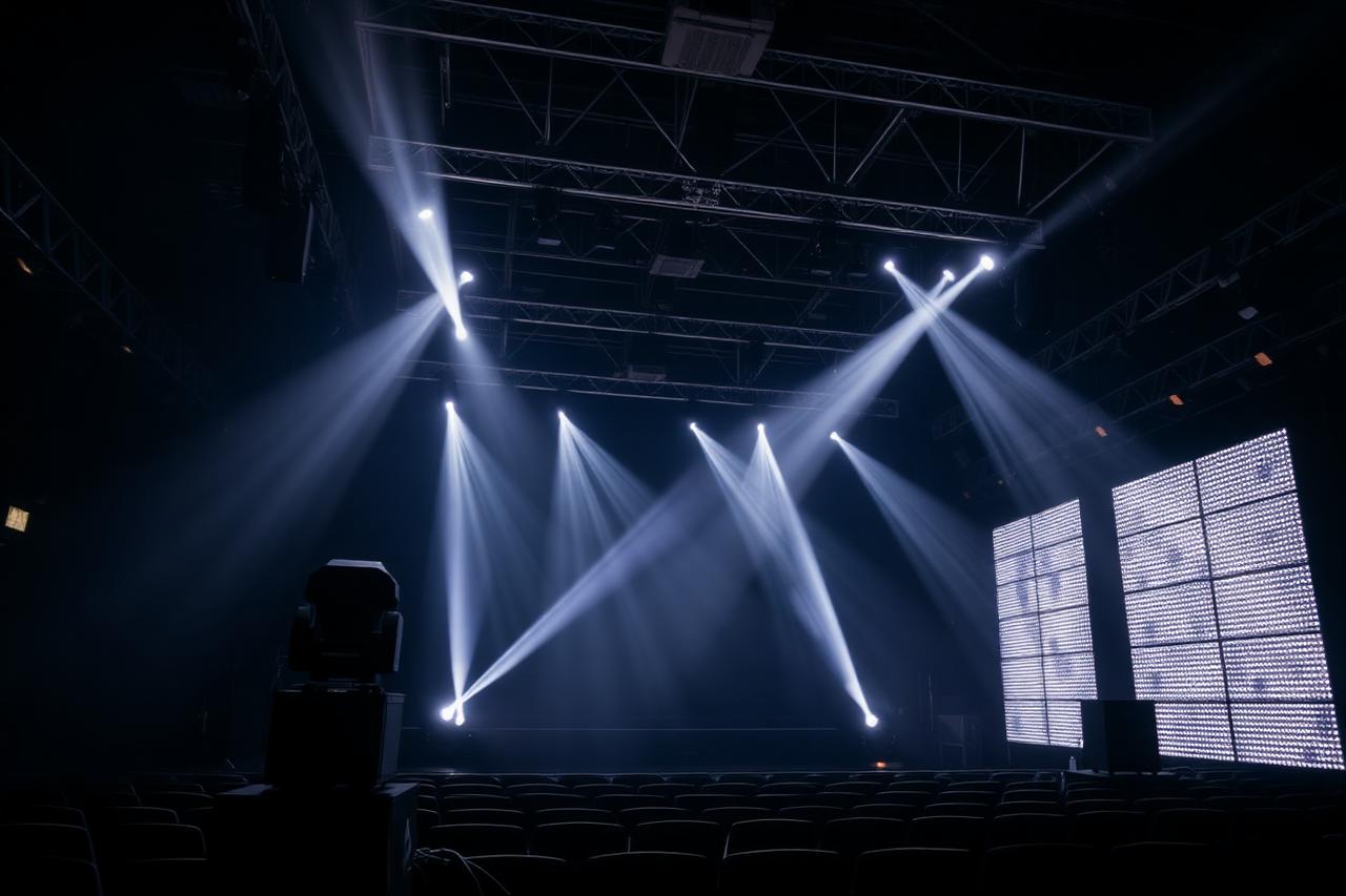 Estrutura de som, iluminação e painéis de LED em palco